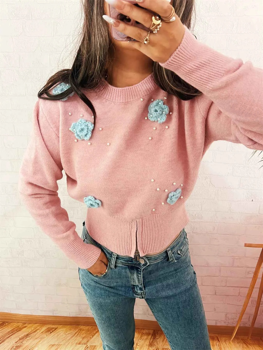 Flower Pearl Detail Ribbed Hem Sweater d2258e2dcc4d474f83463bf5c27f4e67-Max-Origin