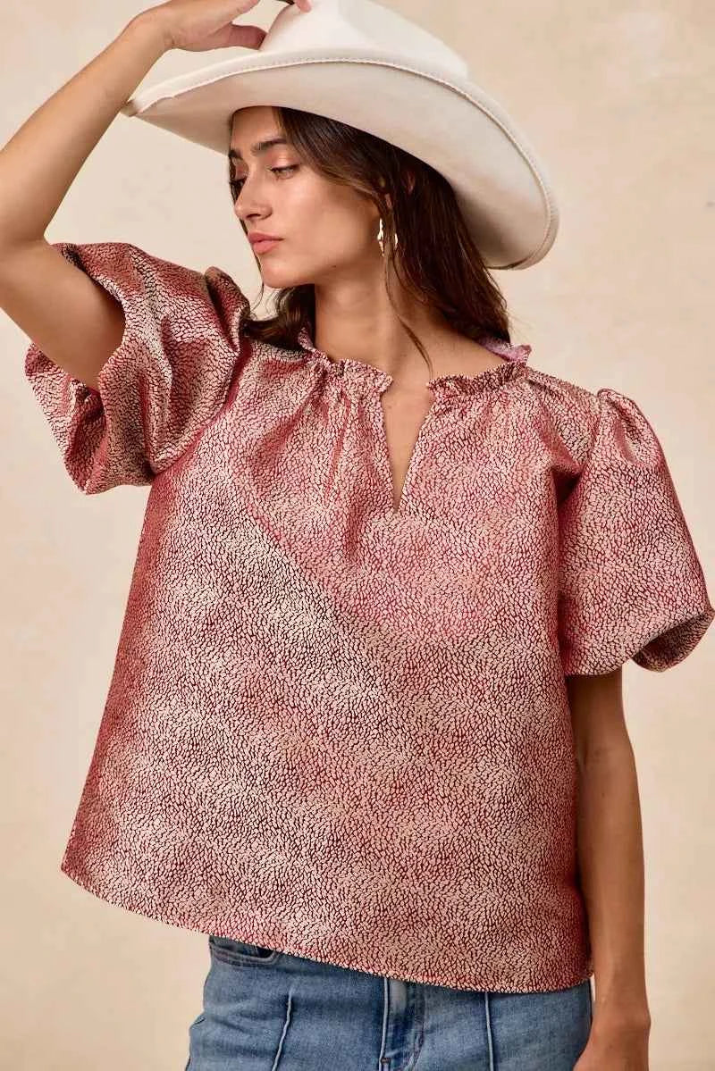 BiBi Jacquard Woven Short Balloon Sleeves V Neck Top d2281ac2194b47c3854efe4aed573d1e-Max-Origin