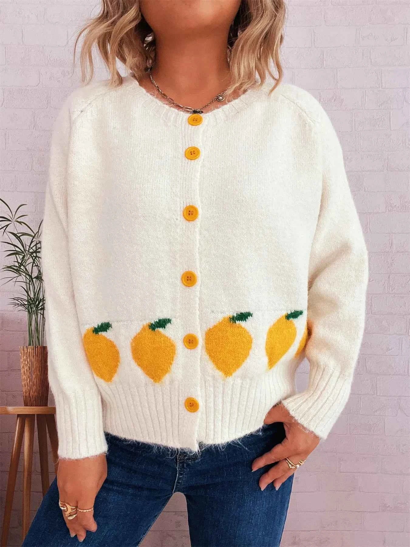 Lemon Pattern Button-Up Cardigan White One Size d2333e18b68a427cba1d007f036544d6-Max-Origin
