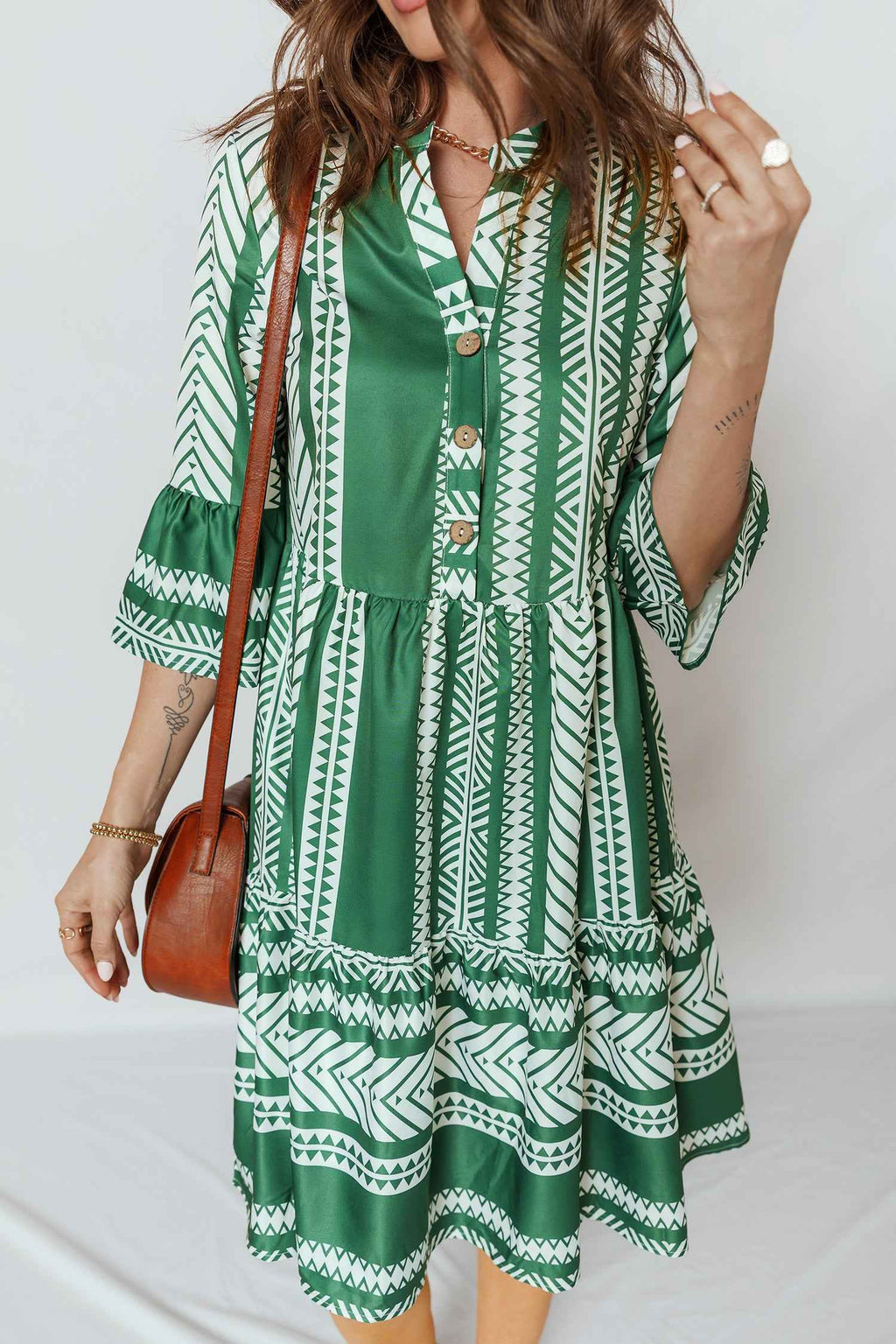 Green Boho Ethnic Print Half Button 3/4 Sleeve Casual Dress d233ee77f2d78412