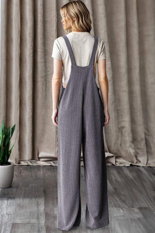 Dark Grey Ribbed Knit Patched Pocket Wide Leg Overalls d234f886c630f58b