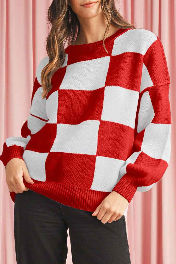 Fiery Red Plaid Bishop Sleeve Pullover Sweater Fiery Red 100%Acrylic d236f4013d20acc3