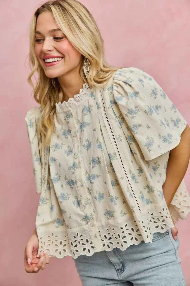 SO ME Floral Print Lace Trim Flutter Sleeves Blouse d2379b8d-04de-4ce3-b410-8d30fdd27266-Max-Origin