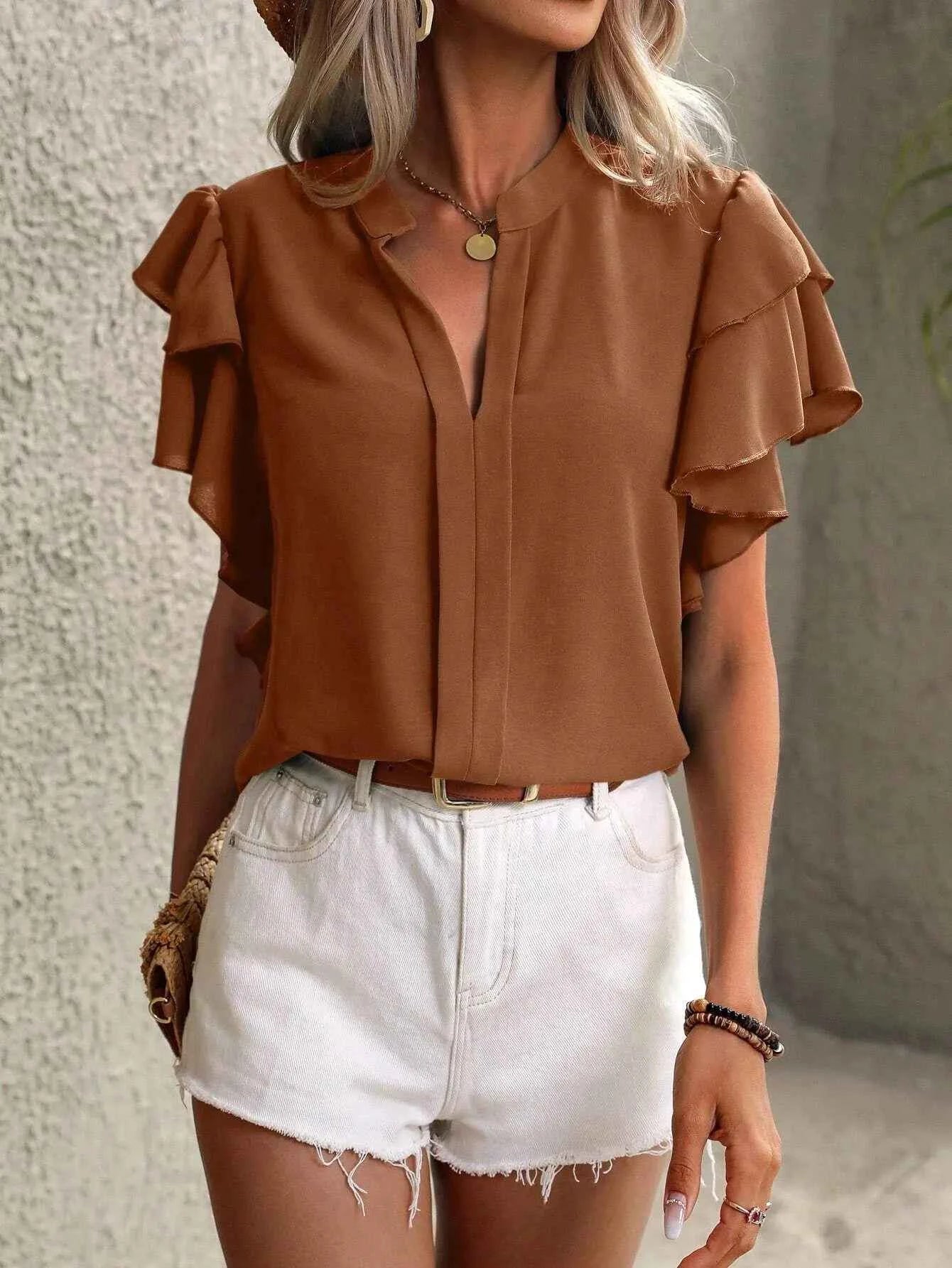 Ruffle Sleeve Notched Blouse d23a2af1-88cc-449c-a55b-6b521c53e8a8-Max-Origin