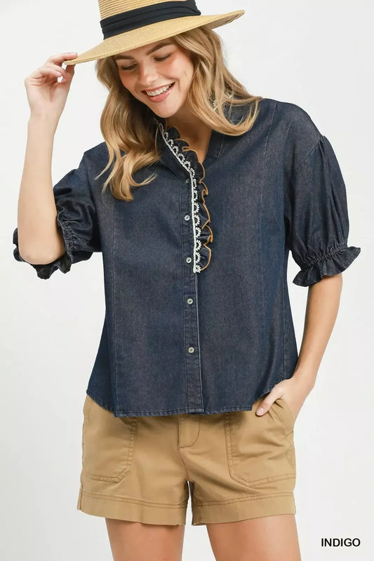 Chambray Scalloped Trim Button Front Blouse INDIGO d23df101-b029-45cf-ad79-ee3b5dc7657c-Max-Origin