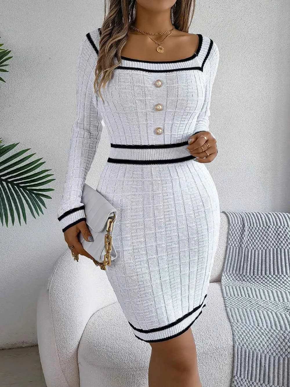 Contrast Trim Long Sleeve Sweater Dress White d23e42c3-e084-4720-9ee6-06dc8333f432-Max