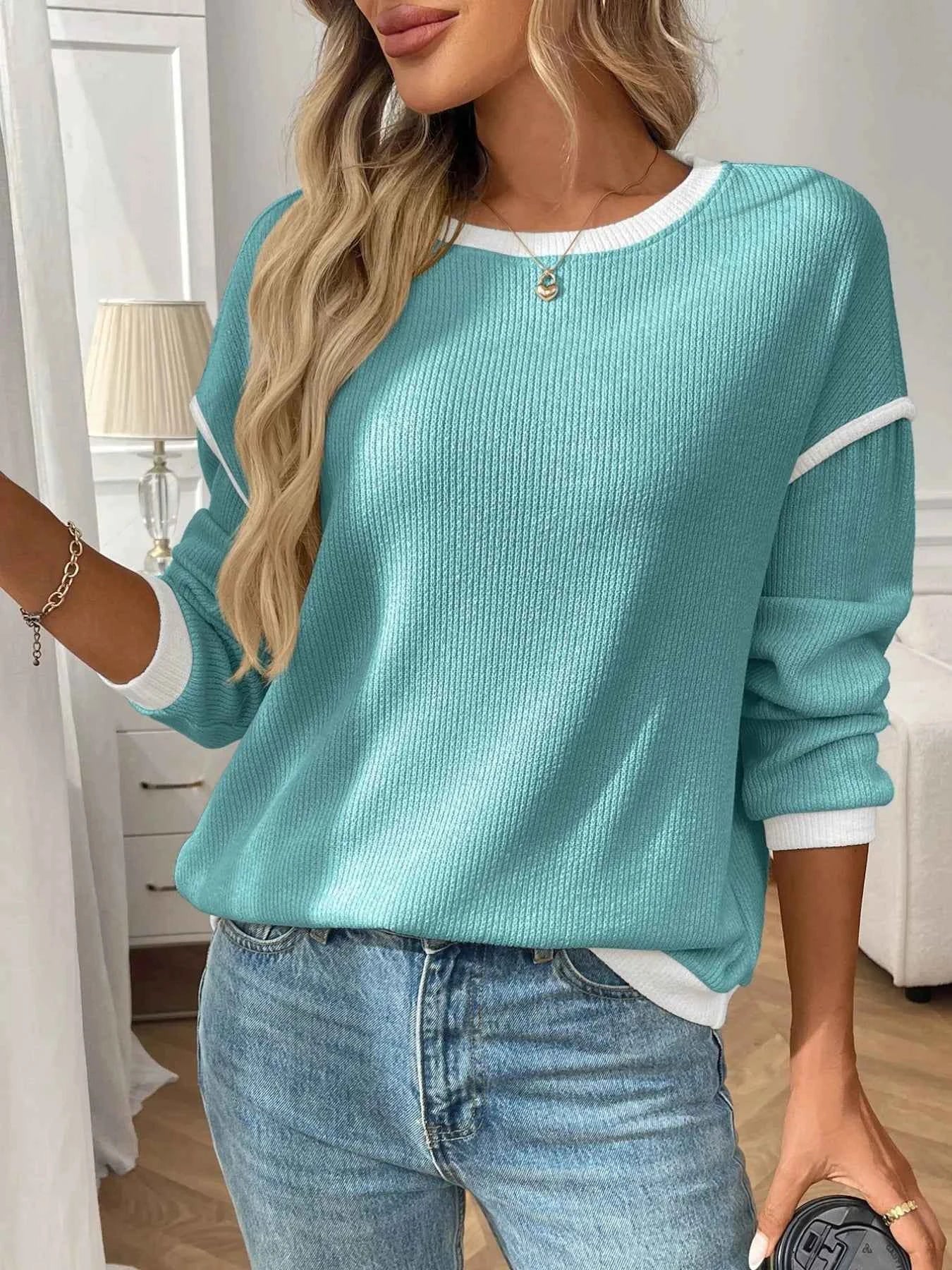 Ribbed Contrast Trim Long Sleeve Top Teal d241d529-297b-4426-9f4f-5a7fcf83fcc4-Max-Origin