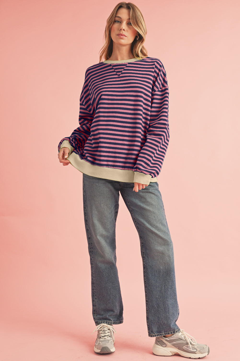 Black Stripe Contrast Edge Cross Seam Oversized Sweatshirt d24958bf5f3f5df7