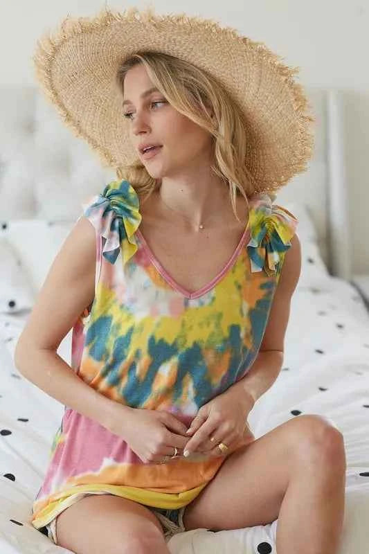 BiBi Circular Tie Dye Knit V Neck Top With Ruffle d24e6a6905bf46239a235c982e3a8427-Max-Origin