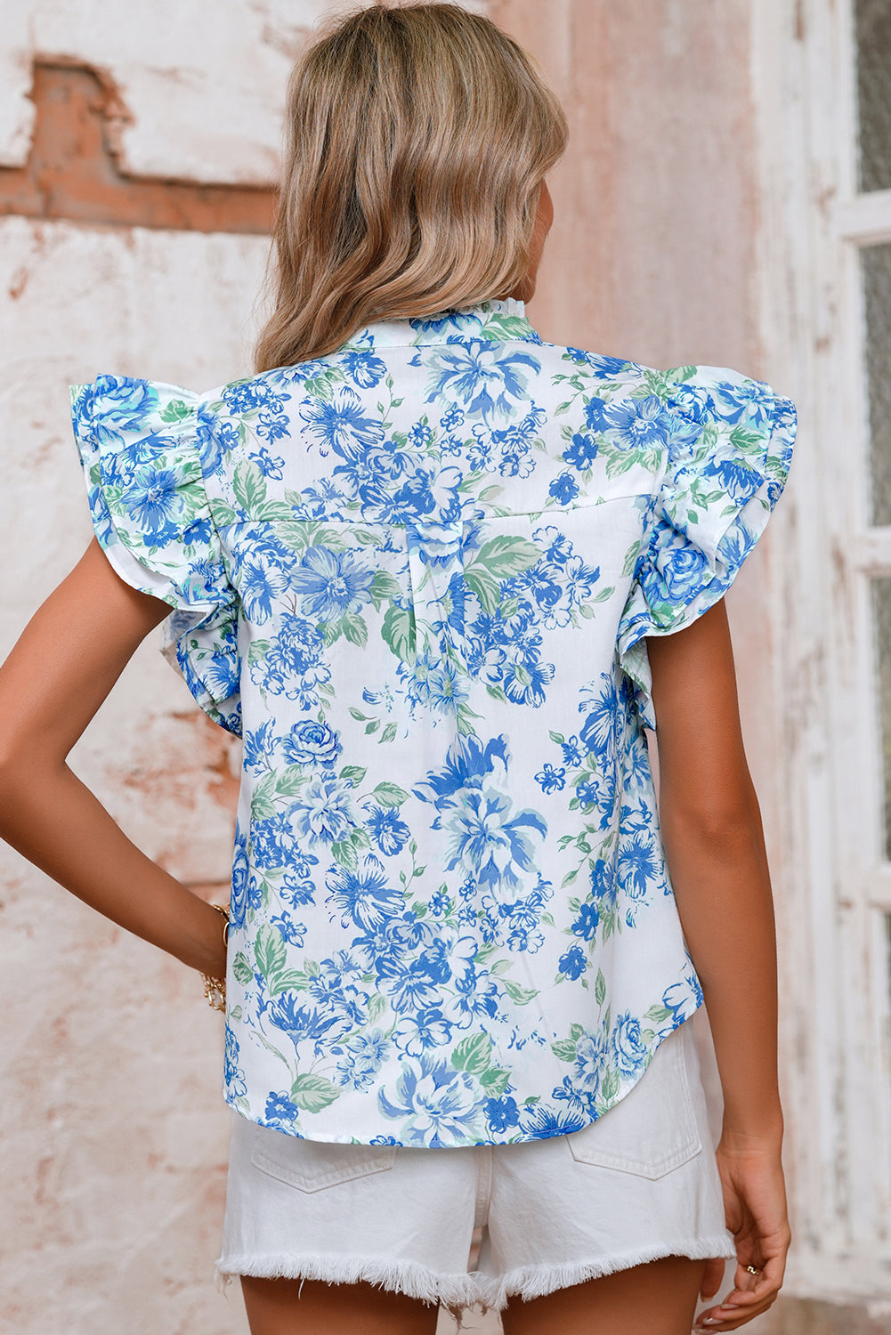 Sky Blue Floral Print Ruffle Sleeve Frill Shirt d250d835112b8410