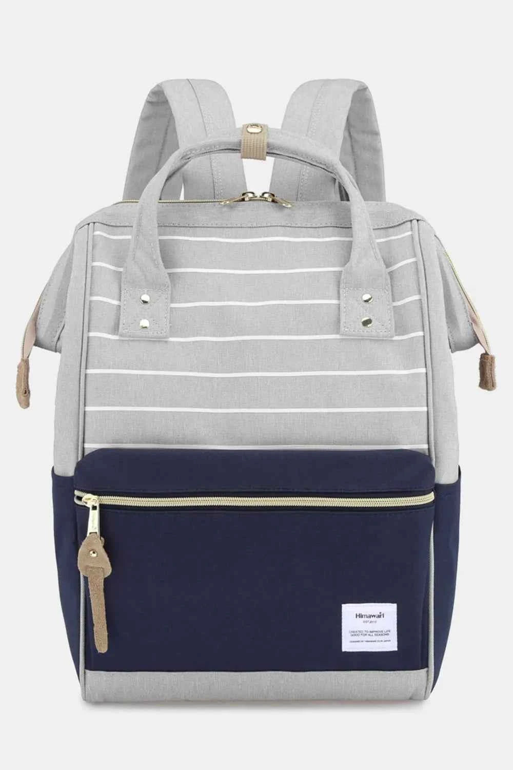 Himawari Waterproof Canvas Backpack Bag with Side Pockets Grey Navy Stripe One Size d251d3d6-8211-4fde-b928-25726e008d62-Max