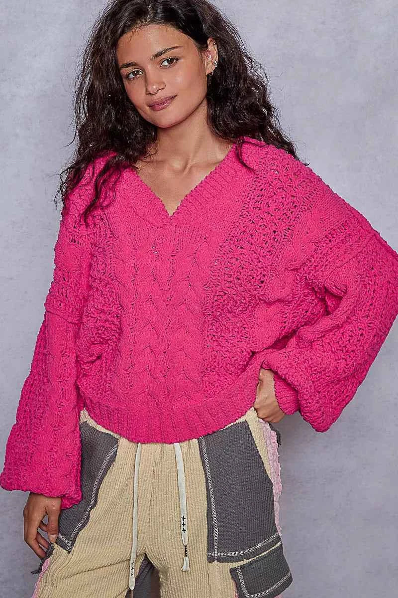 POL Cable-Knit Solid V-Neck Cropped Sweater d2526cf2-6e8c-4918-a87b-ce6b334351d6-Max-Origin
