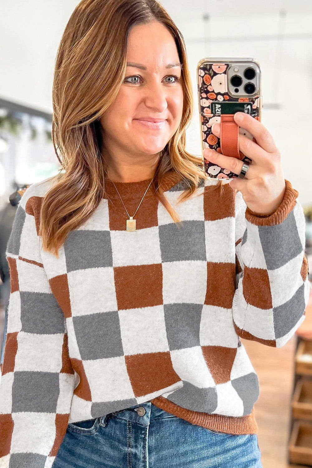 Brown Colorblock Checkered Drop Sleeve Plus Size Sweater d253f47d007ba025
