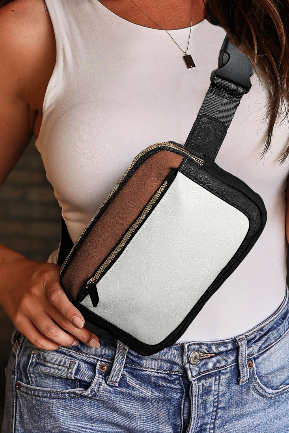 White Color Block Adjustable Belt PU Leather Crossbody Bag d254ea4c31c91695