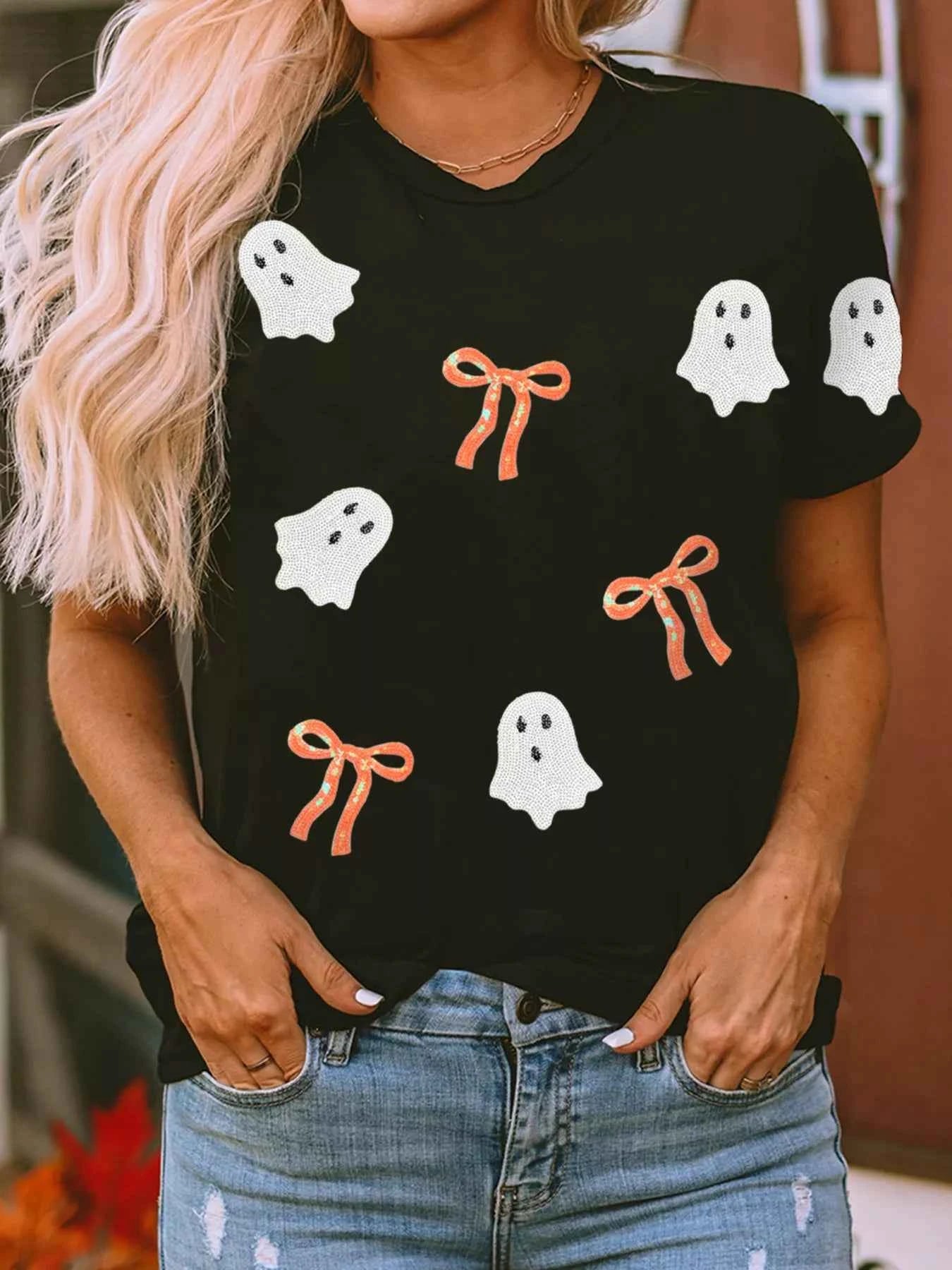 Halloween Ghost Bow Sequin Patched Drop Shoulder Sweatshirt d255727d056e45beaa48f09db1fc5877-Max-Origin