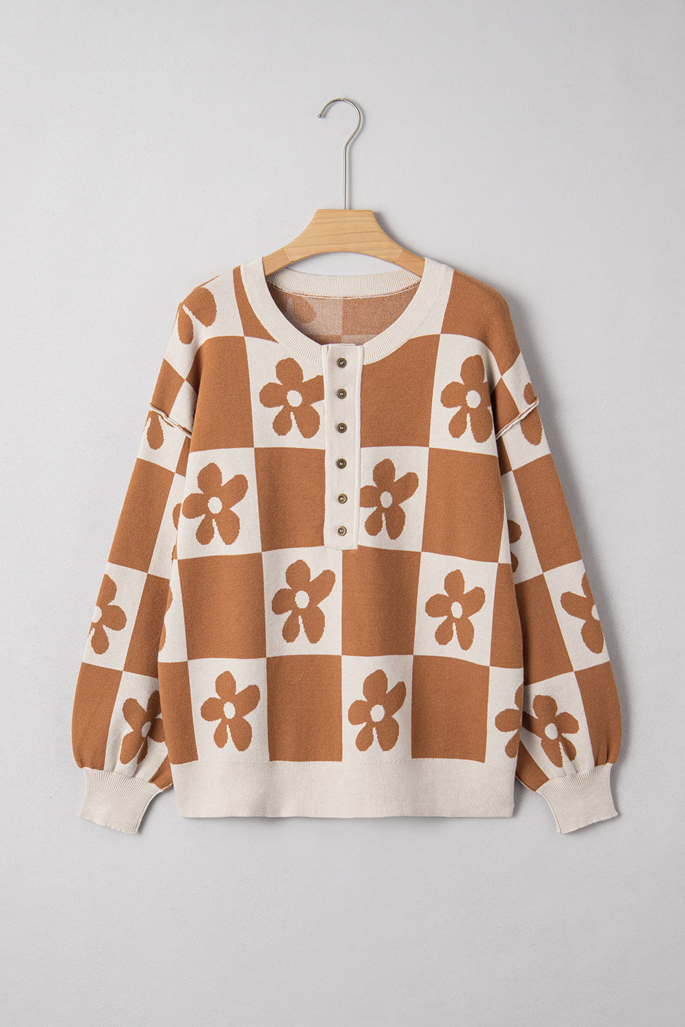 Red Dahlia Flower Colorblock Checkered Henley Sweater d26041124499a4b4