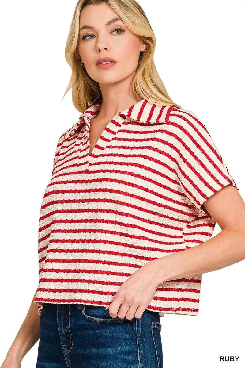 Zenana Striped Split Neck Collared Top d26423a7a43e4d1a8676d3fa5db9094b-Max-Origin