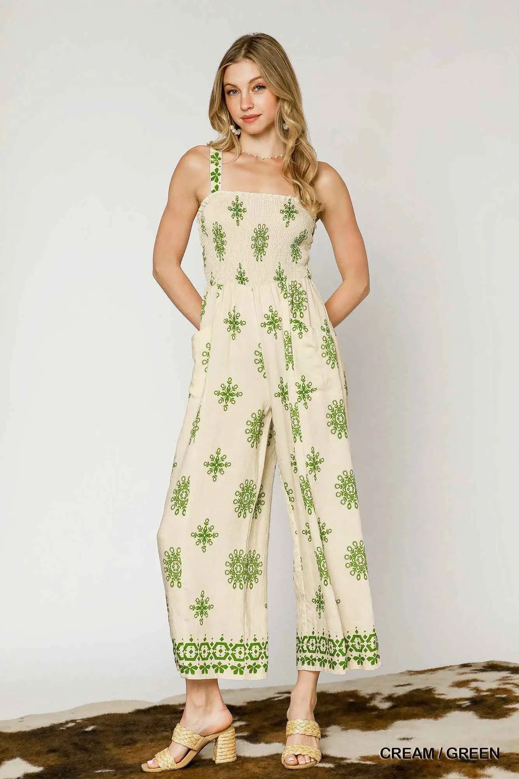 Umgee Smocked Printed Wide Leg Jumpsuit CREAM GREEN d2670bf4-ad47-4ff2-b677-cce2667aecae-Max-Origin