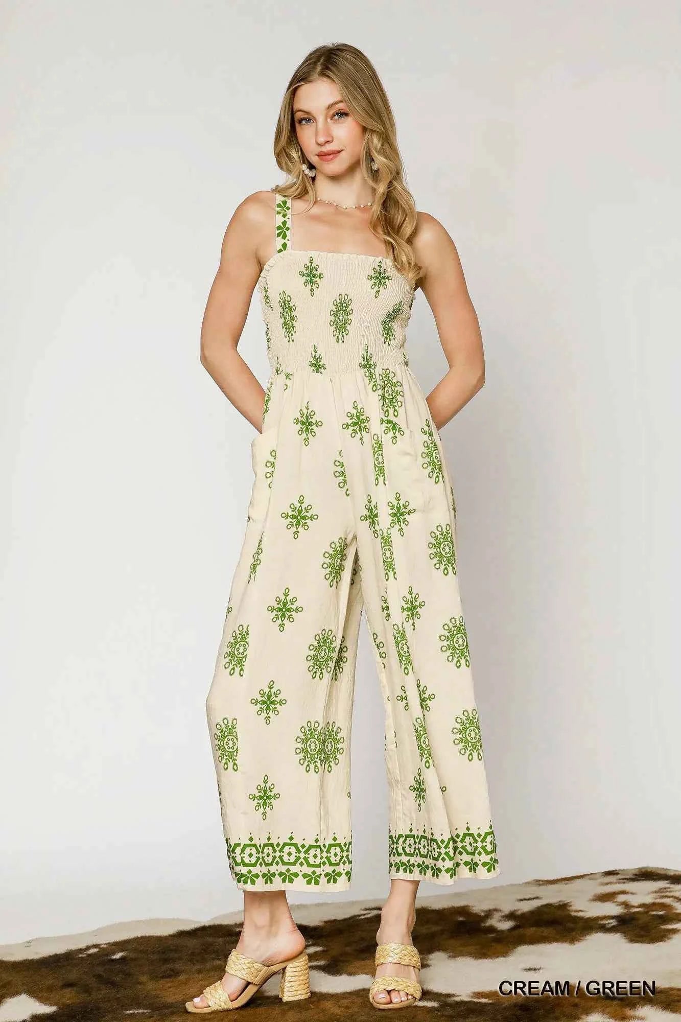 Umgee Smocked Printed Wide Leg Jumpsuit CREAM GREEN d2670bf4-ad47-4ff2-b677-cce2667aecae-Max-Origin
