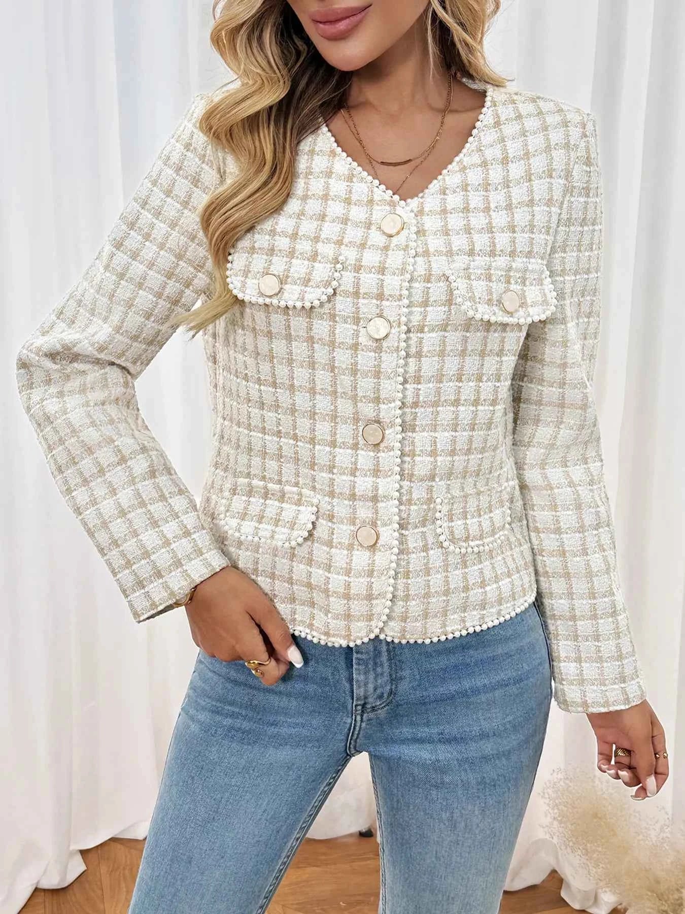 Plaid Button-Front Long Sleeve Outerwear Apricot d269af550a1b4b24957adb3df68bfc35-Max-Origin