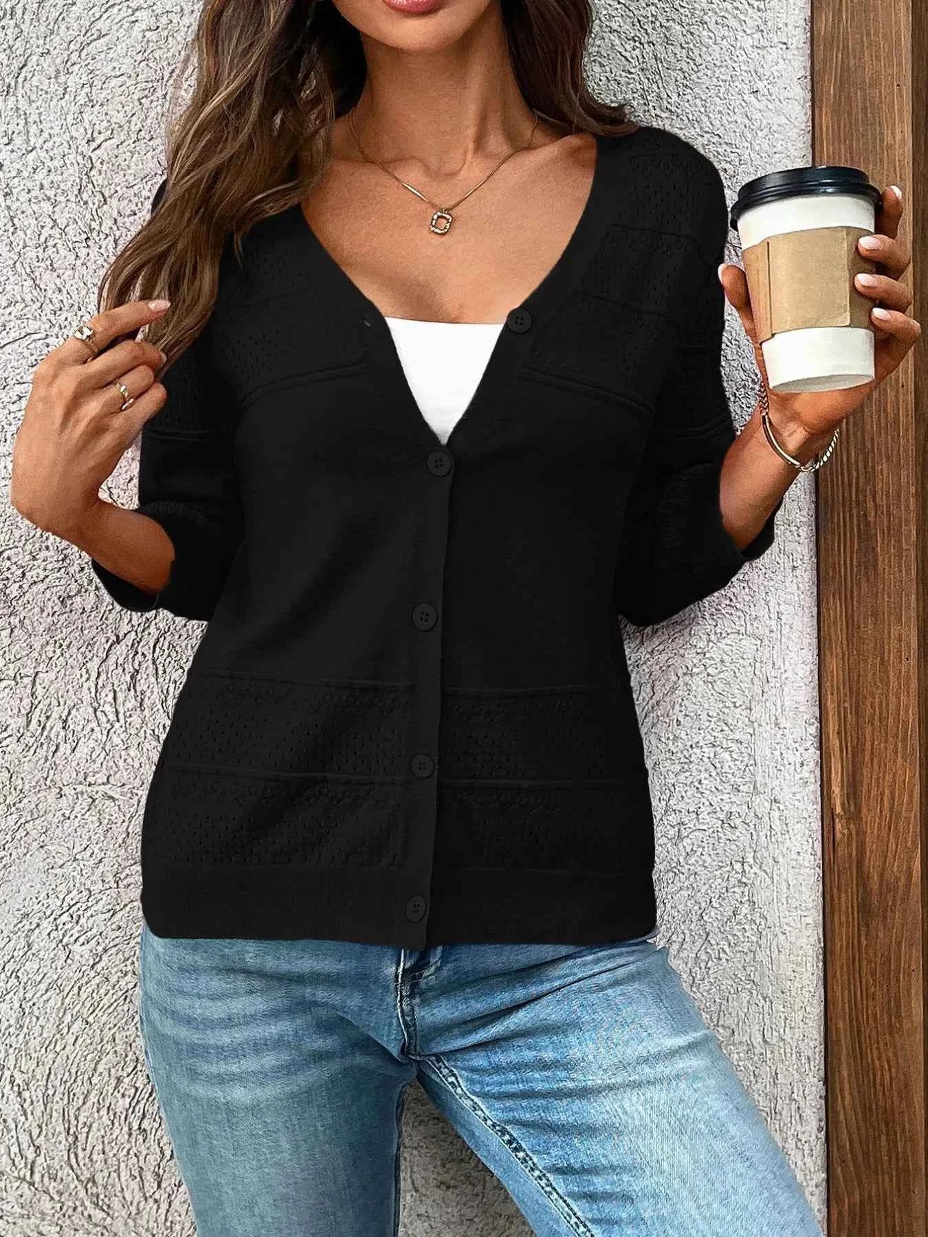 Textured Button-Front Cardigan with 3/4 Sleeves Black d26c3d82-f4cb-4f3f-a06a-1c70f6ea827b-Max-Origin