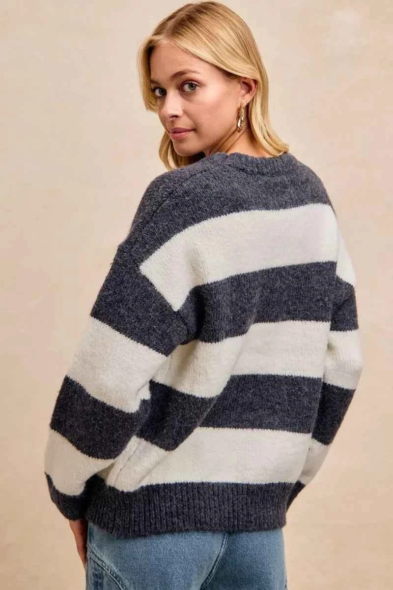 BiBi Wide Stripe Fuzzy Knit Round Neck Sweater d279c3b2e9ca4289be7e9bb537d74208-Max-Origin