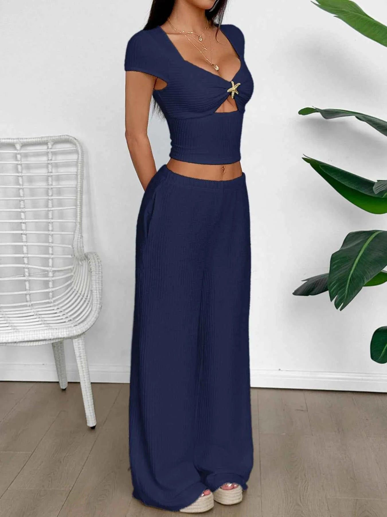 Cutout Short Sleeve Top and Pants Set d27a2fa1b5284340ac68d79f8d45d8ba-Max-Origin