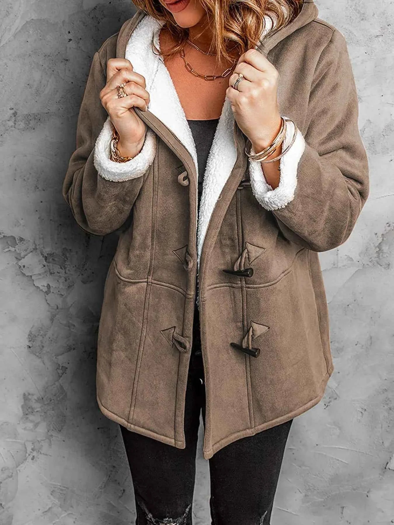 Full Size Cozy Sherpa Lined Toggle Coat with Hood Plus Size