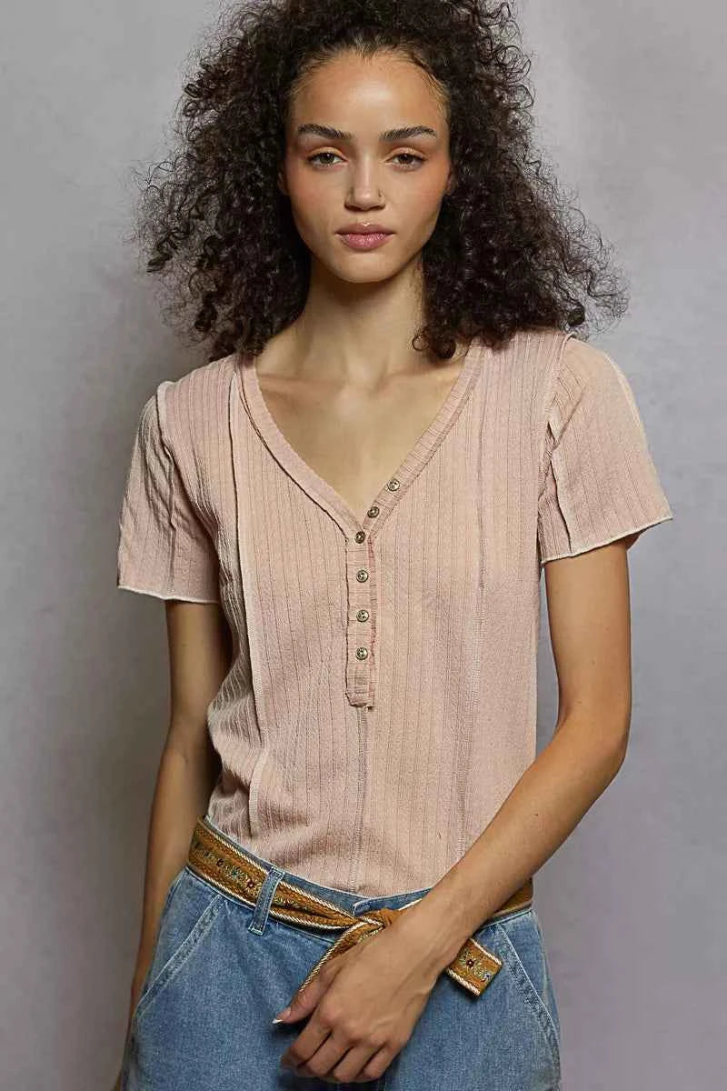 V-Neck Short Sleeve Top with Stitch Seam Detail SOFT PINK d27a4627-f031-4186-9658-4fdf4b49d7a9-Max-Origin