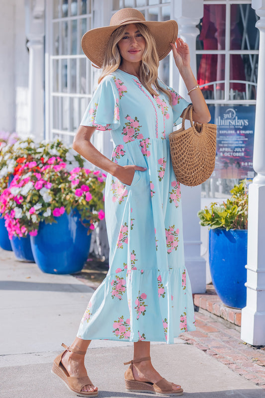 Sky Blue Notched Neck Flutter Short Sleeve Floral Print Maxi Dress d27d8265d3b9fd64
