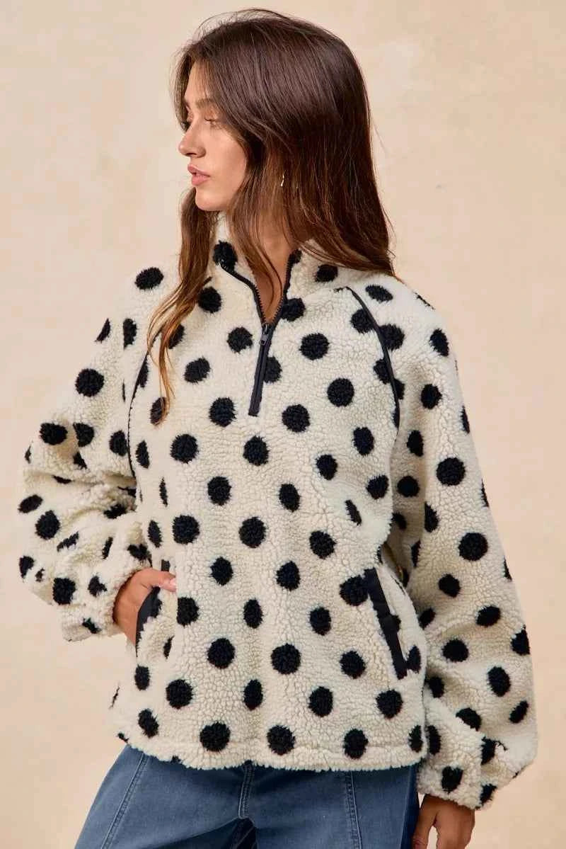 Polka Dot Sherpa Half Zip Up Top with Side Pocket d27ed874-57b7-48c9-81ea-8dd44db4d8ac-Max-Origin