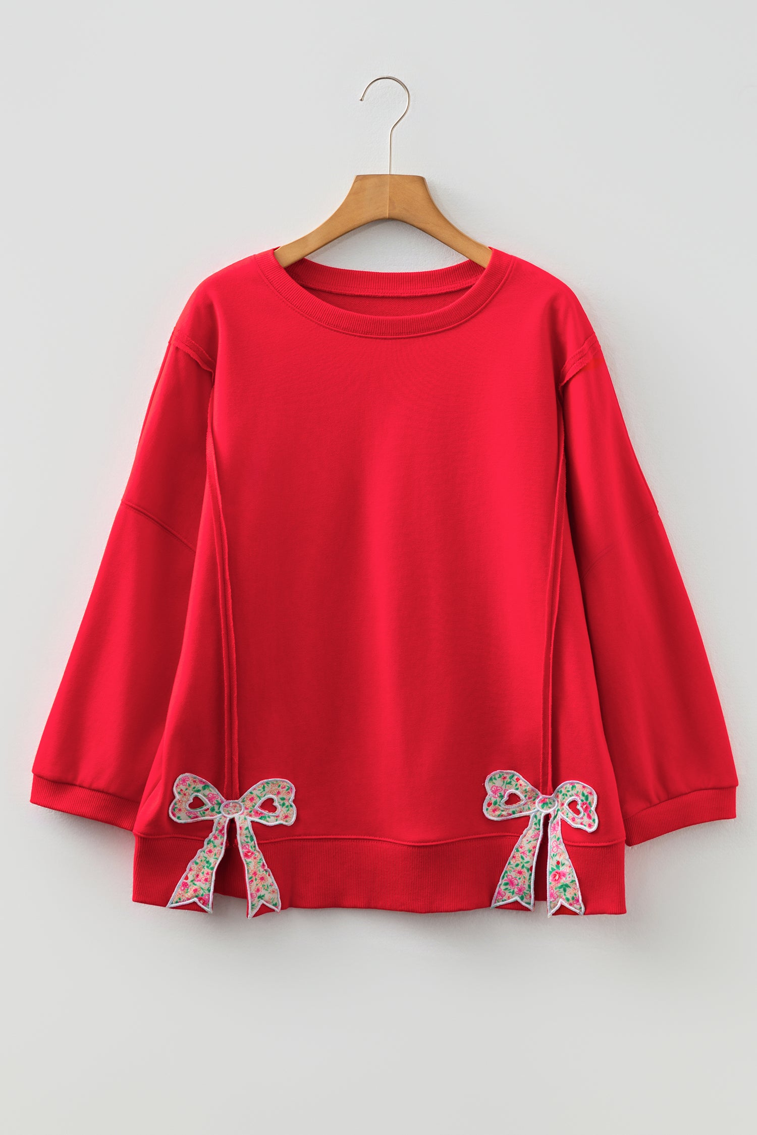 Pink Floral Bow Patched Exposed Seam Patchwork Slit Baggy Sweatshirt d27f2886f14e5ce5