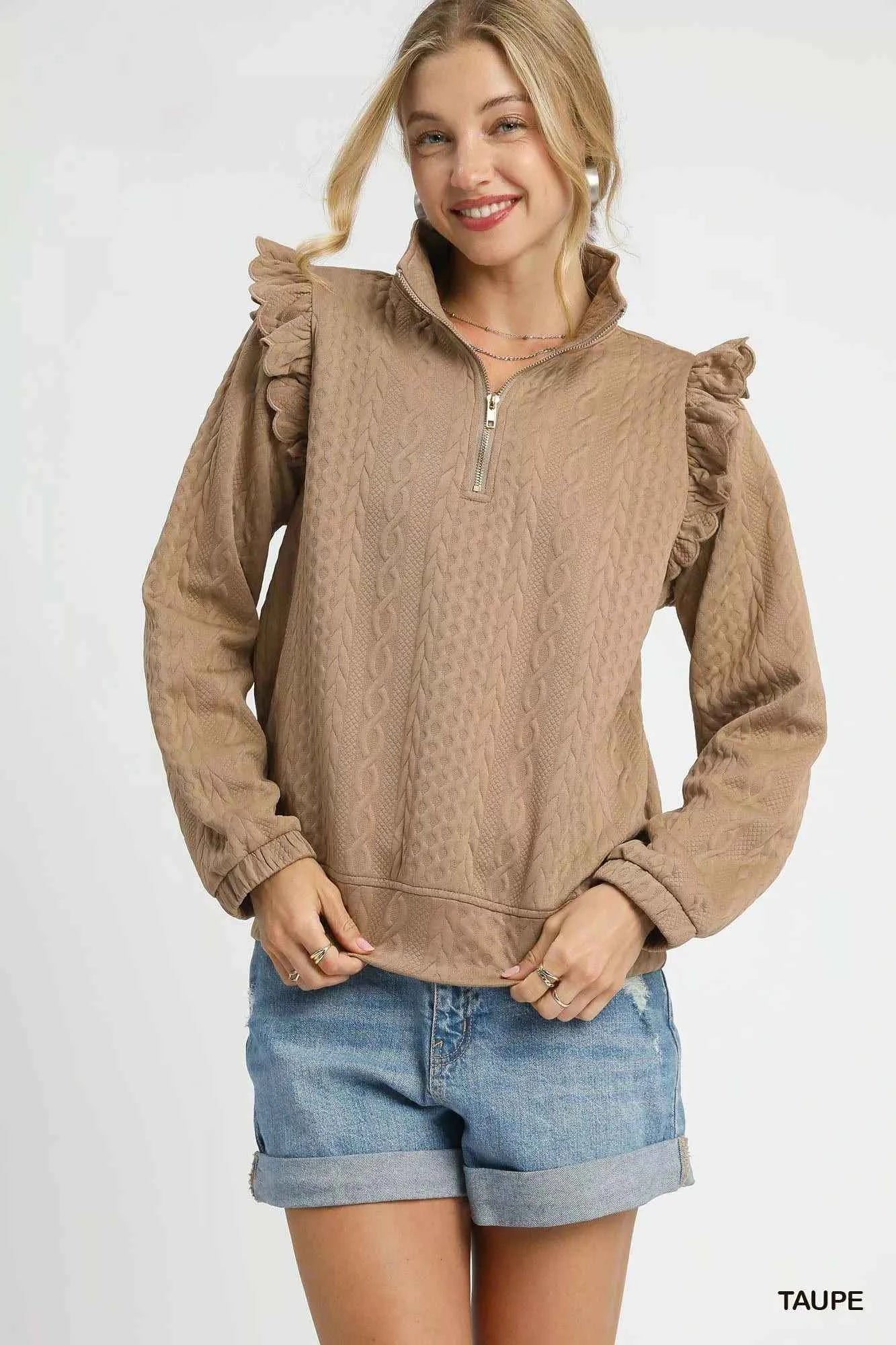 Umgee Cable Knit Textured Pullover with Ruffle Shoulders Taupe d280f140-47eb-4eed-8b67-8cc13a3ec1ec-Max-Origin