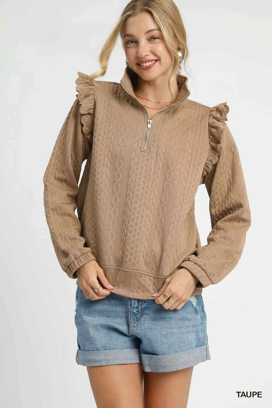 Cable Knit Textured Pullover with Ruffle Shoulders Taupe d280f140-47eb-4eed-8b67-8cc13a3ec1ec-Max-Origin