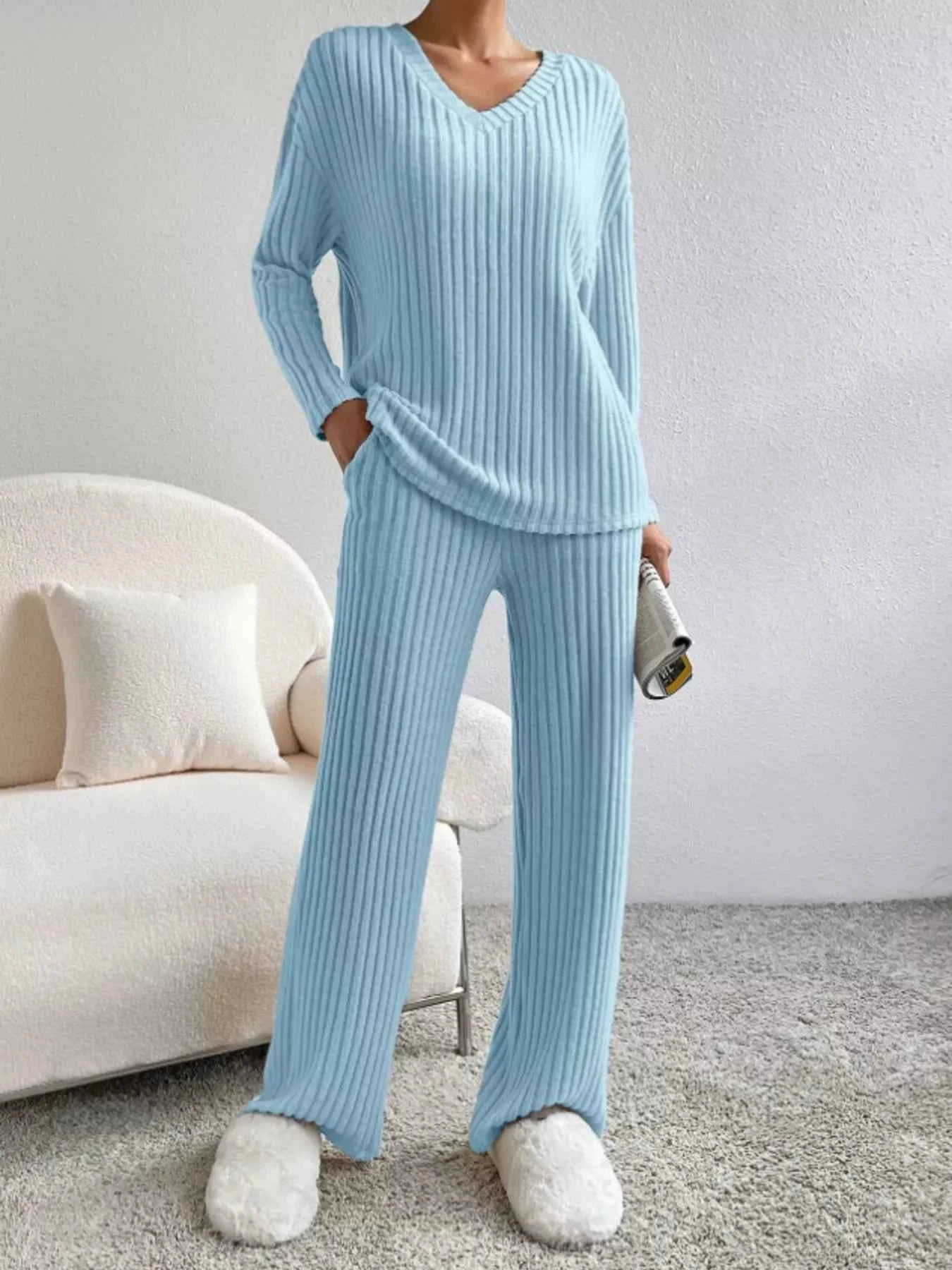 Ribbed Knit Long Sleeve Top and Pants Set Blue d2850af3aeba451eb4dac94fab1a6a4f-Max-Origin