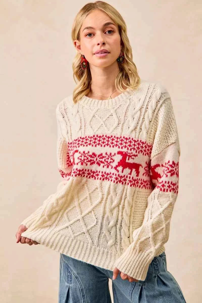 BiBi Christmas Theme Patterned Cable Knit Sweater RED d28e2858c67444e7bd399dd3d5443278-Max-Origin