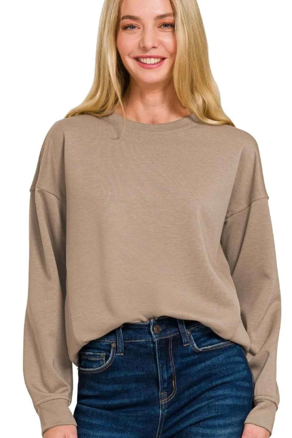 Zenana Scuba Round-neck Sweatshirts COCOA d292b51c-ec7c-48f5-8a87-90280cef919a-Max-Origin