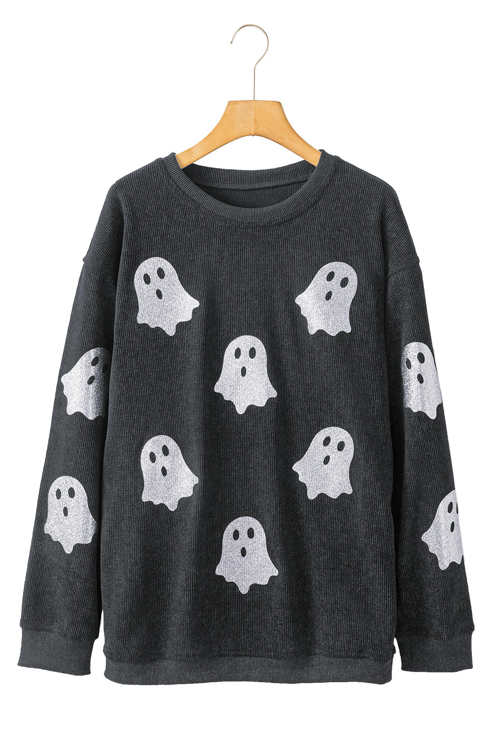 Black Halloween Ghost Corded Crew Neck Loose Sweatshirt Black 100%Polyester d293983f265eac00