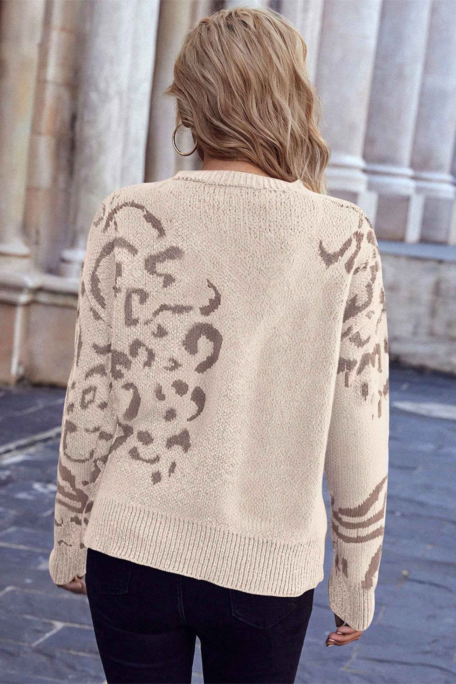 Camel Asymmetric Leopard Print Detail Drop Shoulder Sweater d2945734e50d6263