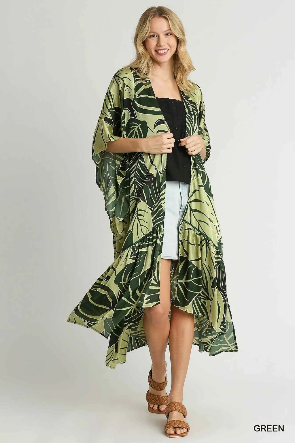 Umgee Satin Tropical Plant Print Open Front Kimono with Ruffle Details d299029f-58aa-4f53-a1d6-c9307e5d875a-Max-Origin