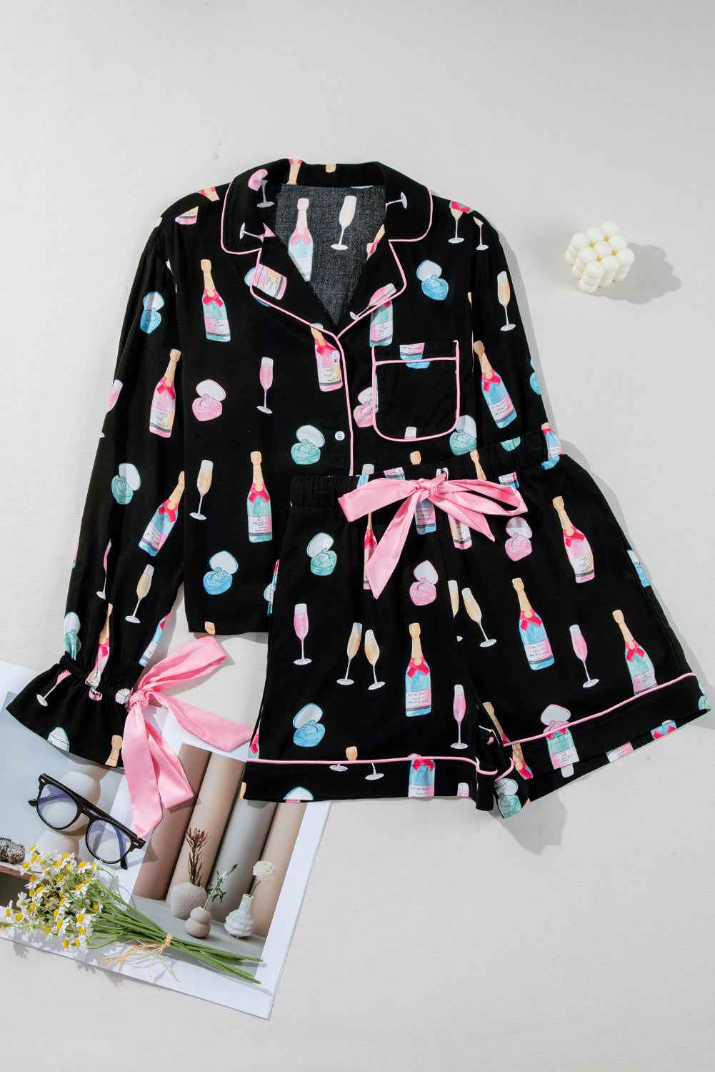 Color black Christmas Wine Glass Print Bow Knot Two Piece Pajama Set d29aa77fdb0c5a40
