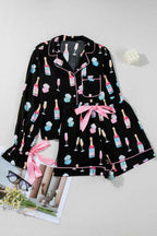 Color black Christmas Wine Glass Print Bow Knot Two Piece Pajama Set d29aa77fdb0c5a40