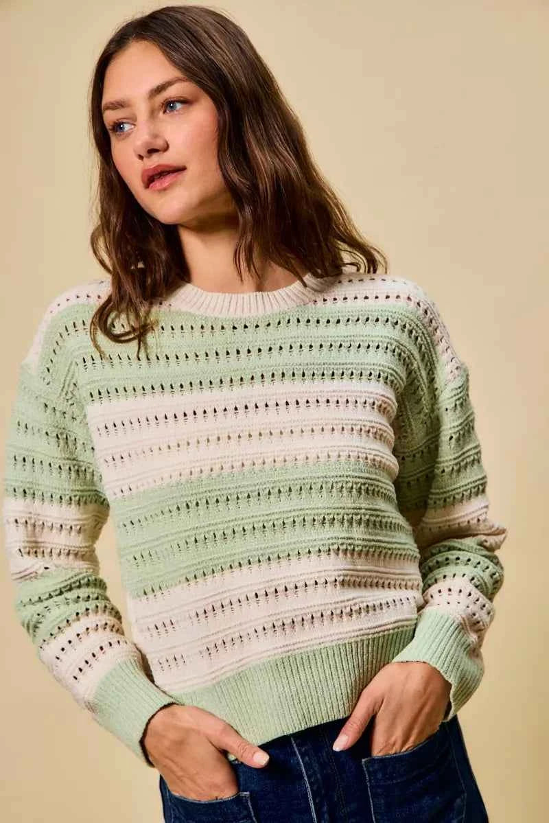 SO ME Openwork Round Neck Wide Stripe Textured Sweater d29af48a-4c90-4034-8b16-8c875d962a33-Max-Origin