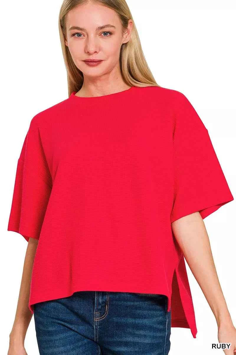 Zenana Full Size Double Knit Side Slits Hi Low Short Sleeve Top Plus Size RUBY d29c362e3196470daac4d688b7bffab9-Max-Origin
