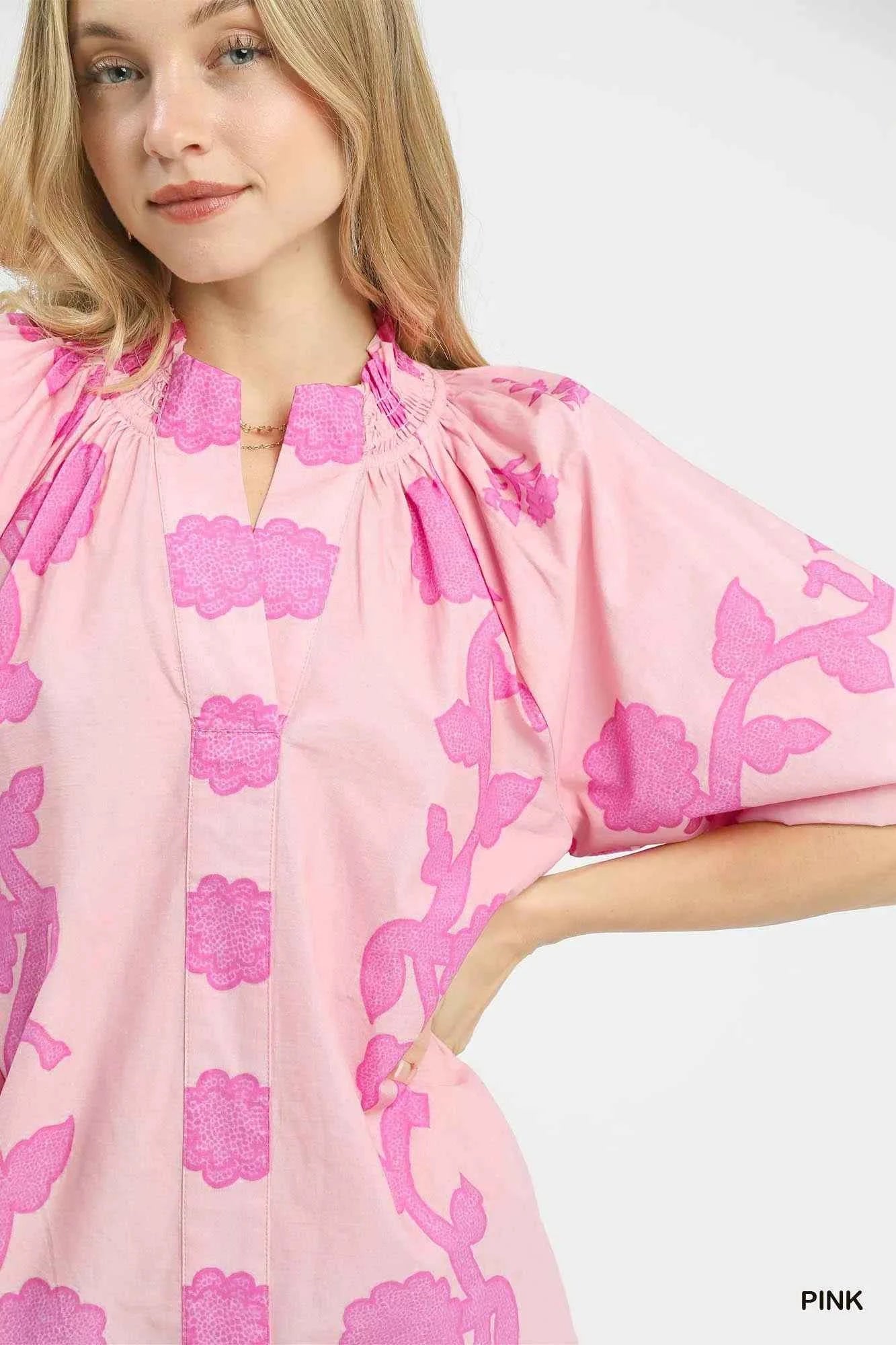 Umgee Floral Smocked Notched Puff Sleeve Blouse d29d2b79-856e-495e-9489-c7dba054faa6-Max-Origin