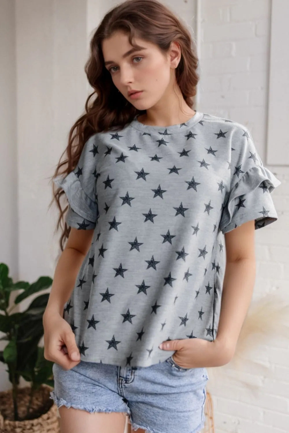 Star Print Tiered Ruffled Sleeve Crew Neck T Shirt Gray d2a59a94-5900-4fb8-90da-ddcab5f0cde3-Max-Origin