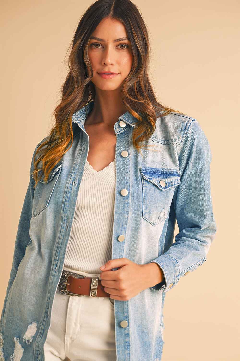 Beau Blue Light Wash Distressed Frayed Long Denim Shacket d2a76e2317c3650a