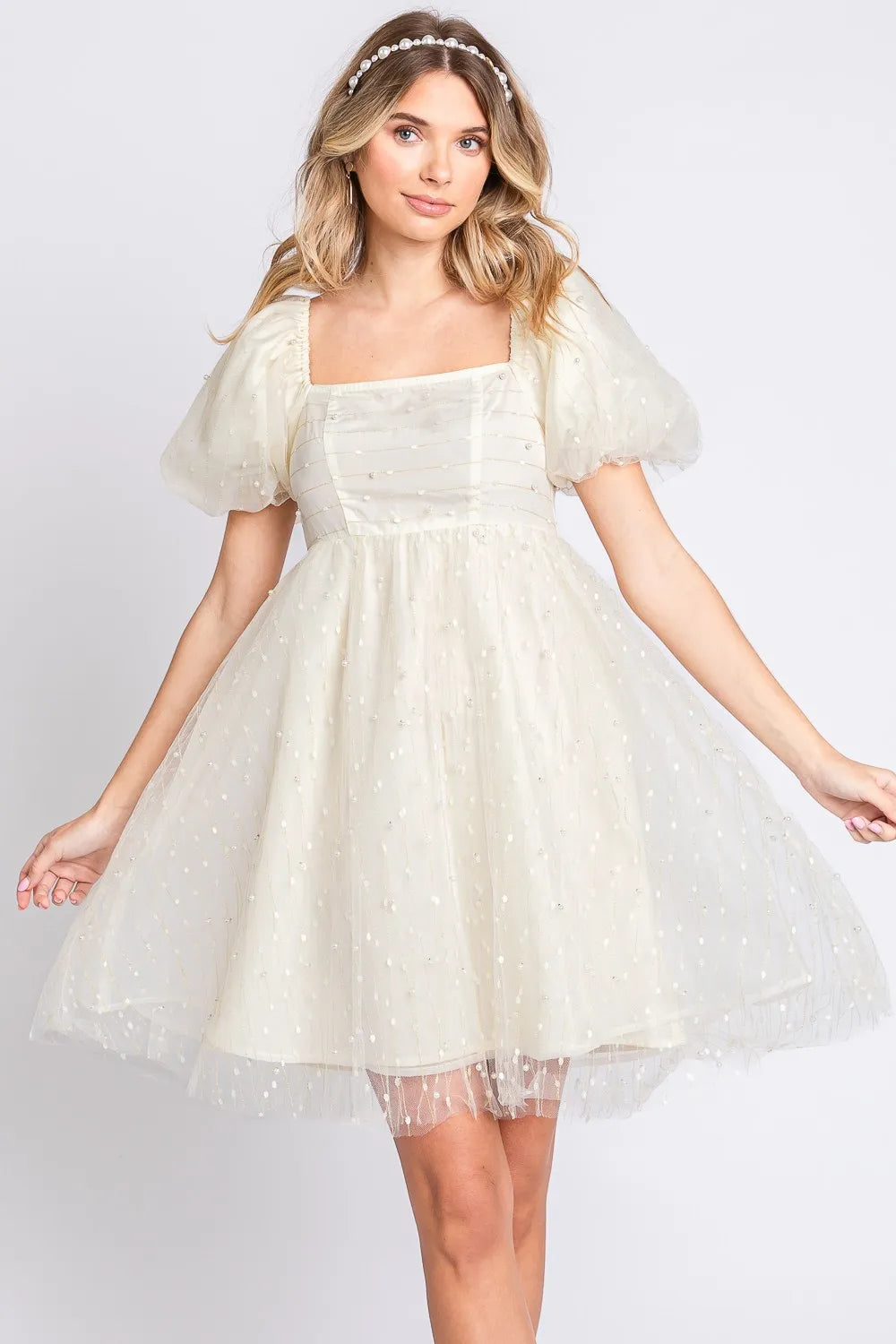 GeeGee Pearl Mesh Puff Sleeve Babydoll Dress d2a984c2-9eb9-452f-8d06-6af2696db3dc-Max
