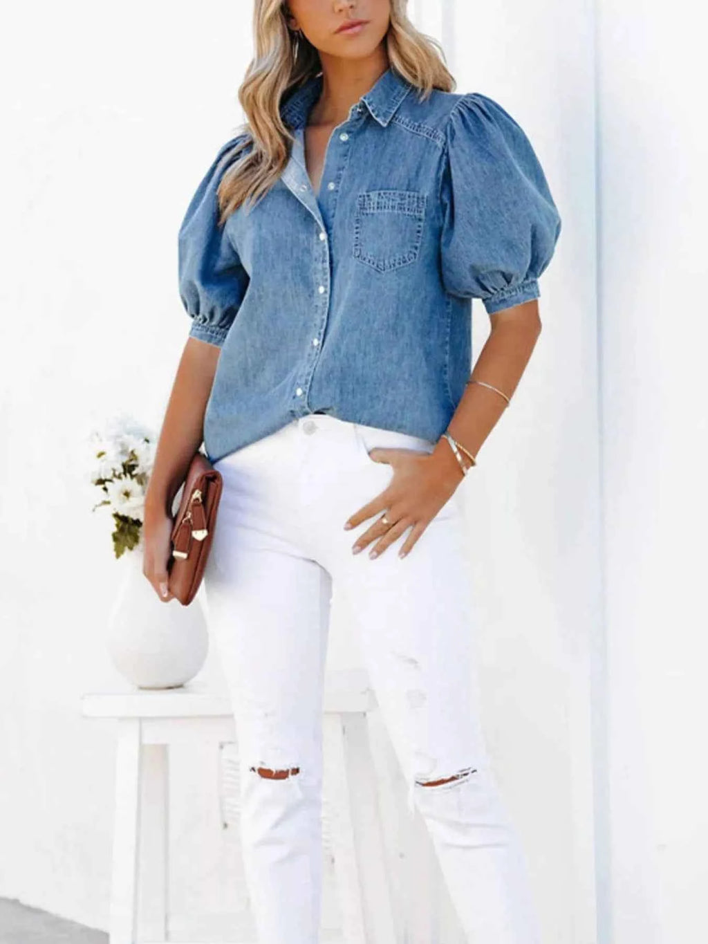 Puff Sleeve Button-Down Denim Top d2aa1daf-16bc-41b5-94cf-ff9dc109eef0-Max-Origin