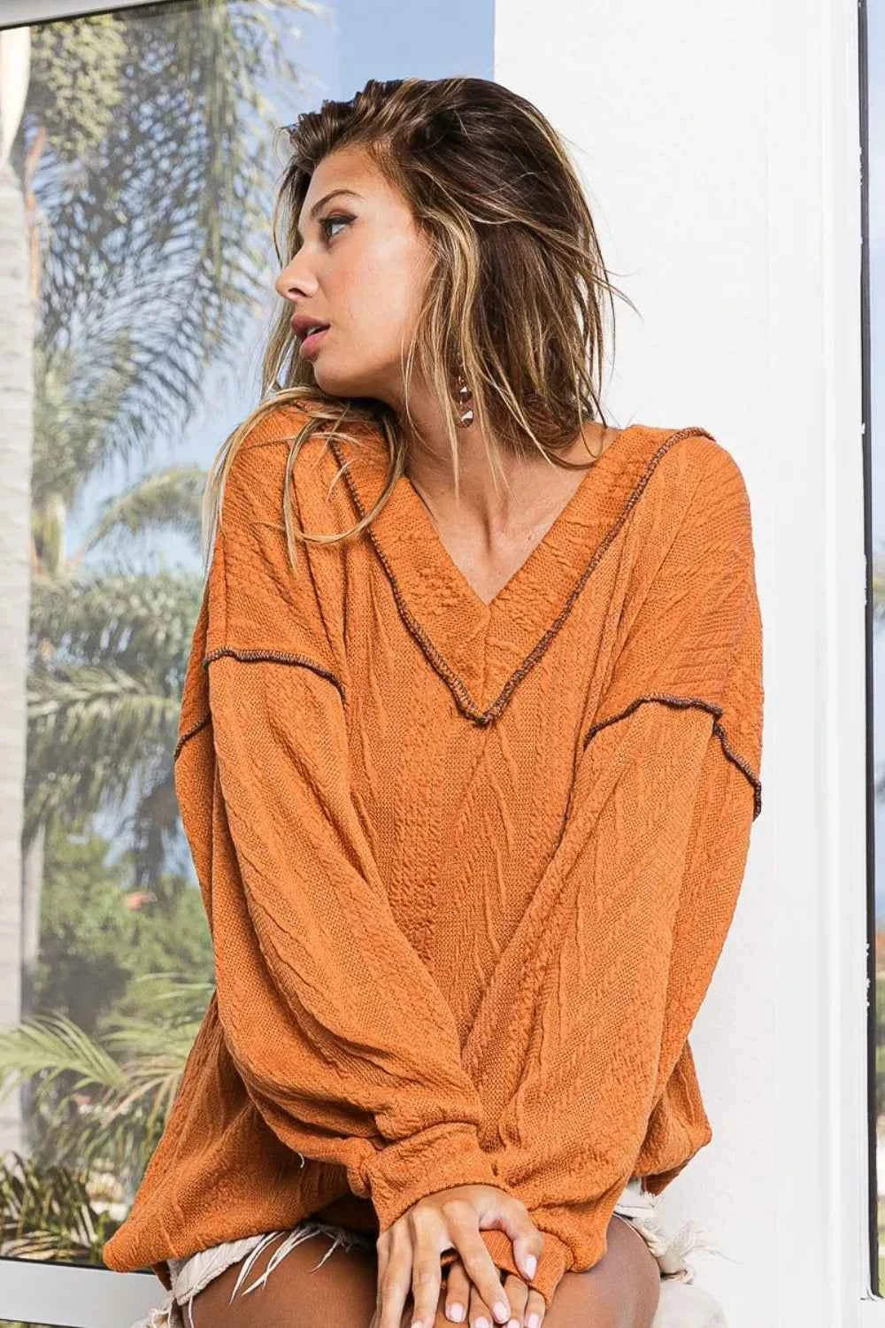 BiBi Textured Exposed Seam Drop Shoulder Knit Top d2ab37ec-7e0a-4aff-8722-edd38a6c6fd3-Max